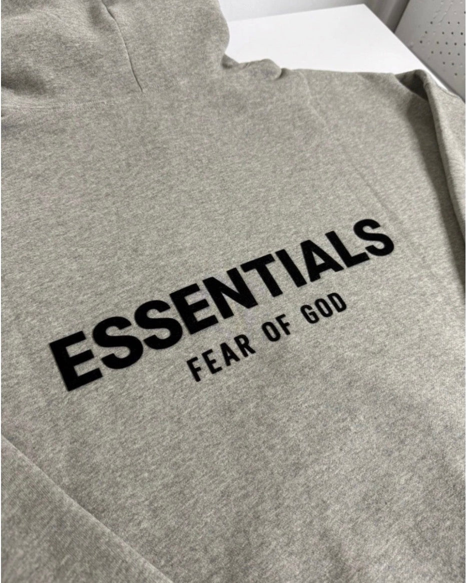 Grey hoodie laid out to show fabric 