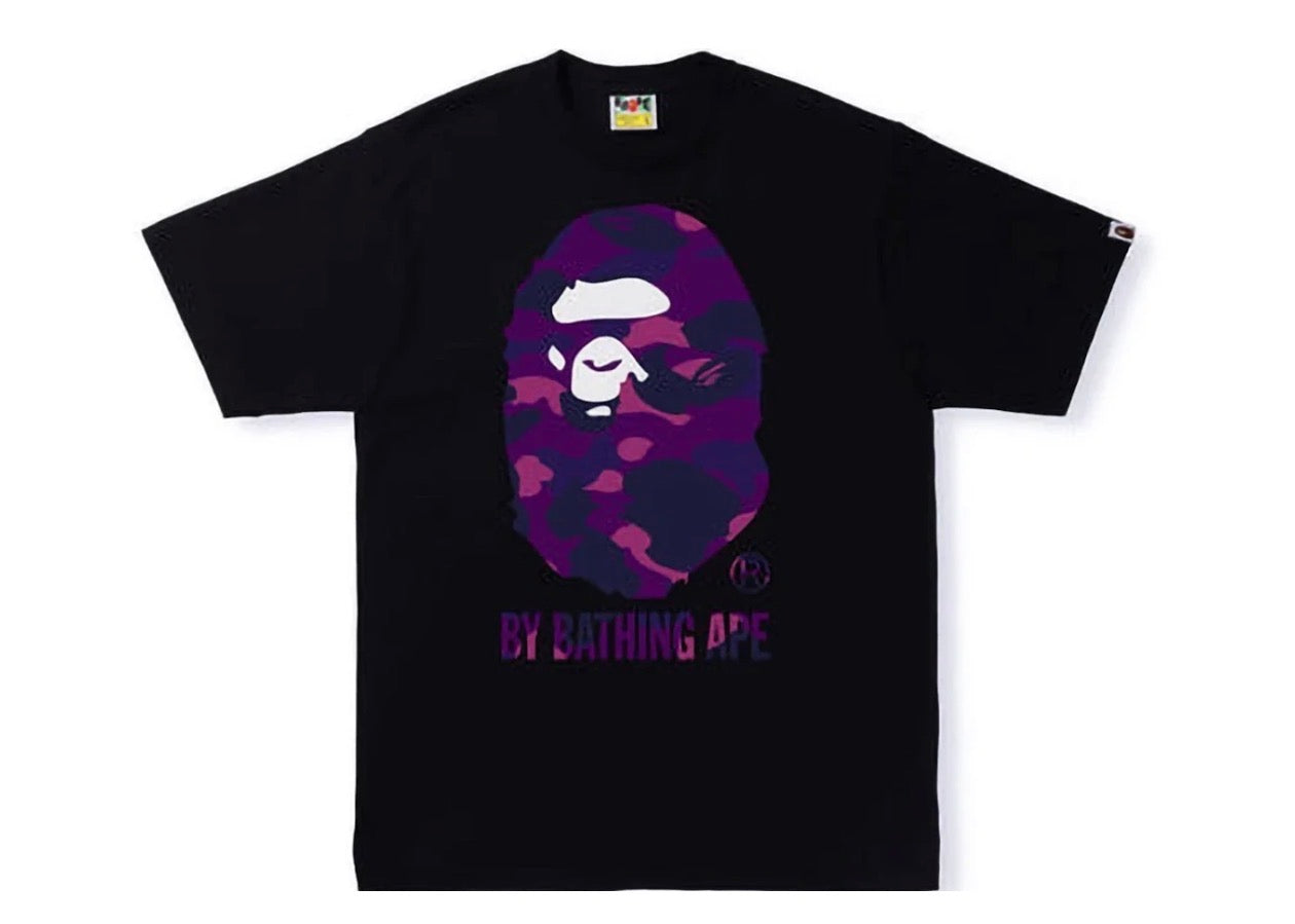 Black t-shirt with purple and white graphic design on a white background