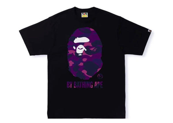 Black t-shirt with purple and white graphic design on a white background
