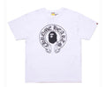 White t-shirt with black graphic design on a white background