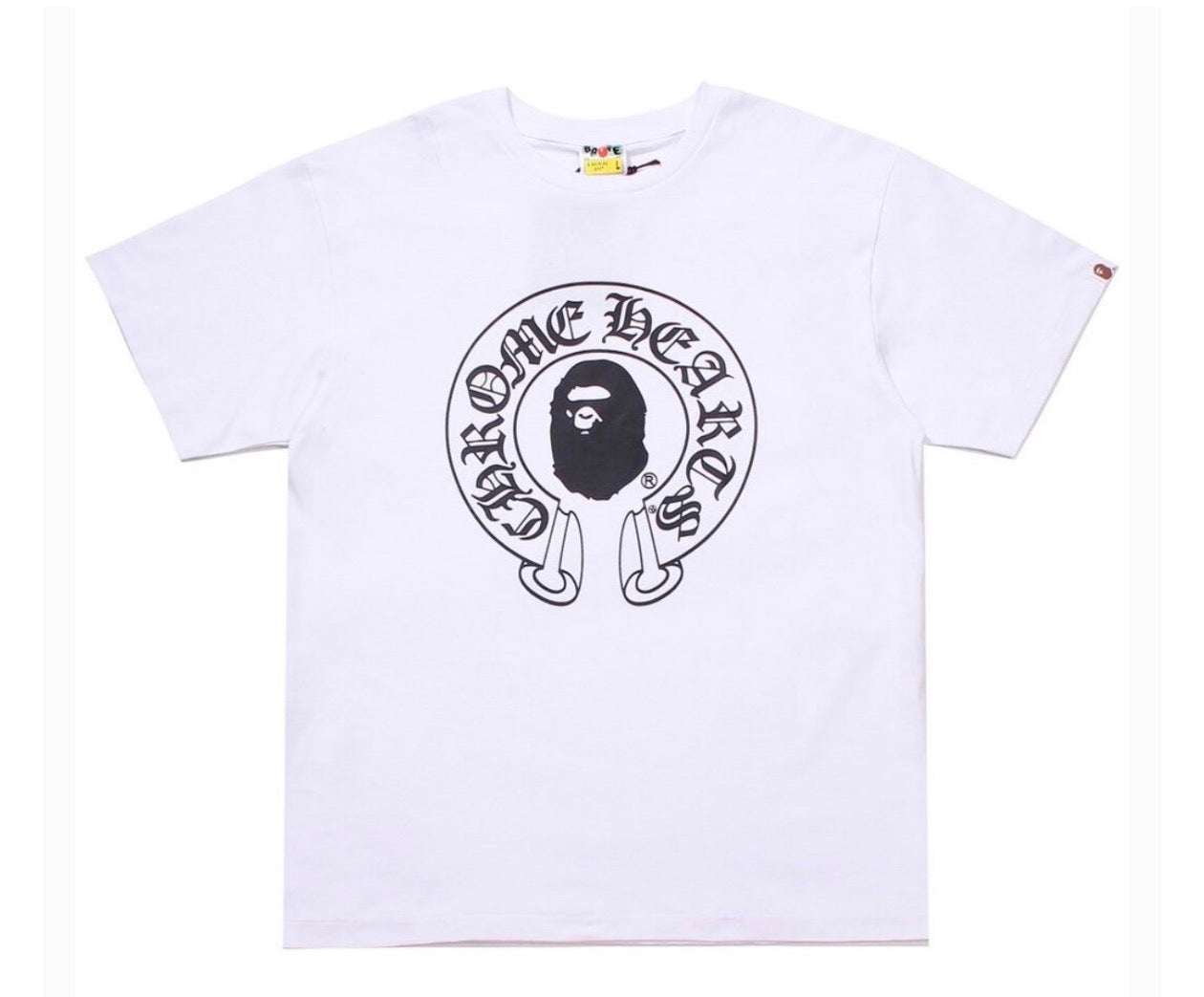 White t-shirt with black graphic design on a white background