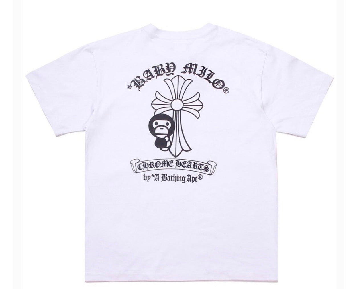 White t-shirt with black graphics and text on a white background