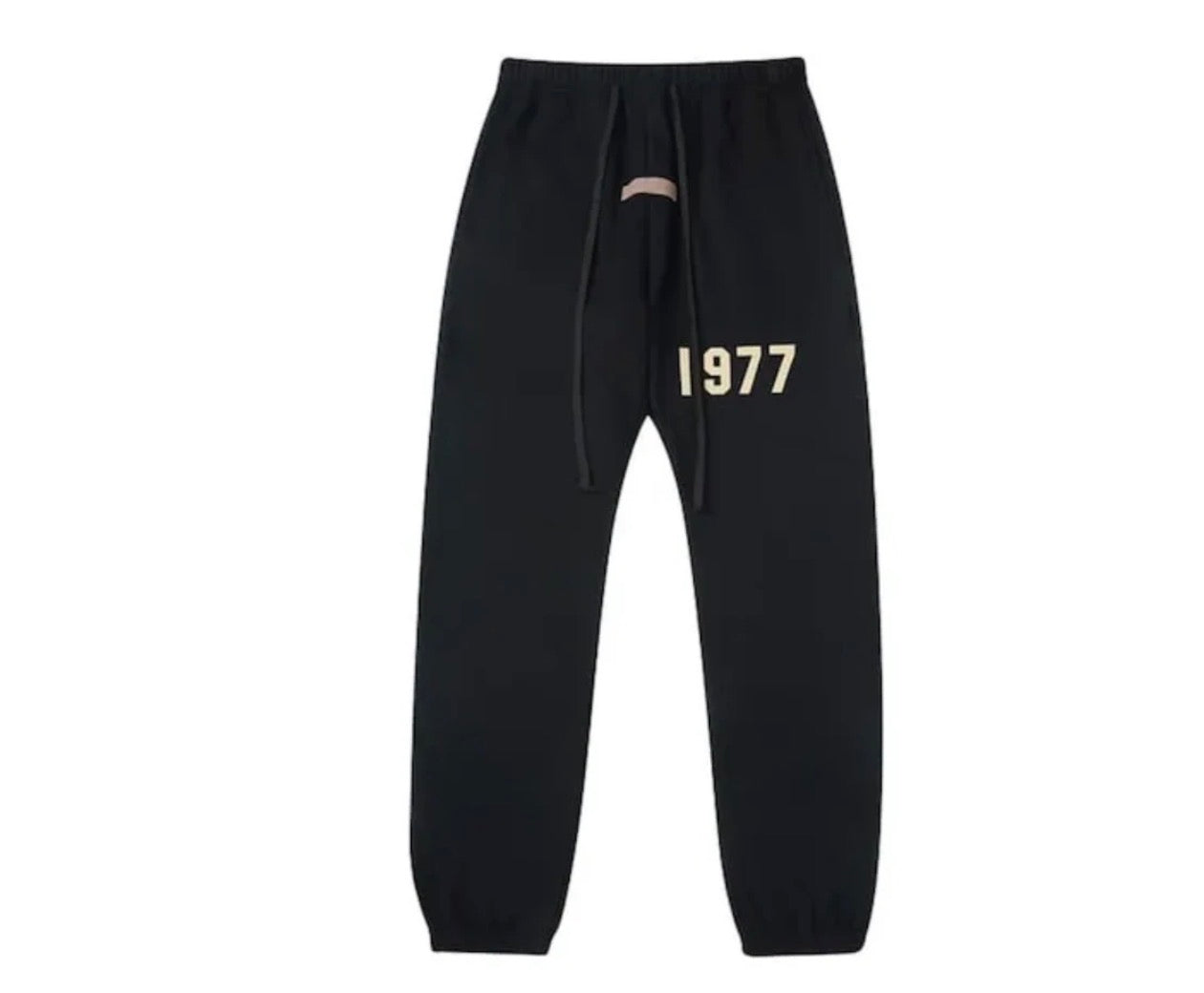 Black cuffed sweatpants with a white design 