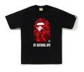Black t-shirt with red and white graphic design on a white background
