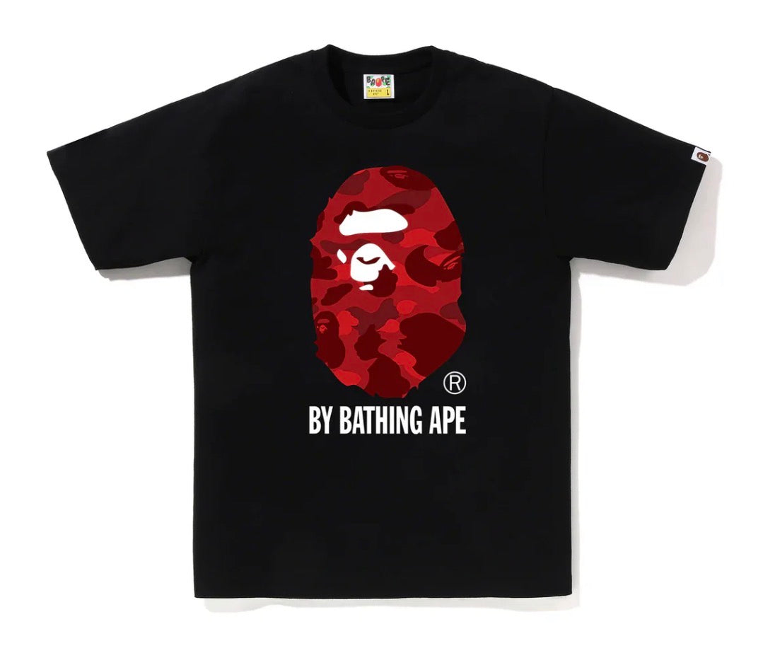 Black t-shirt with red and white graphic design on a white background