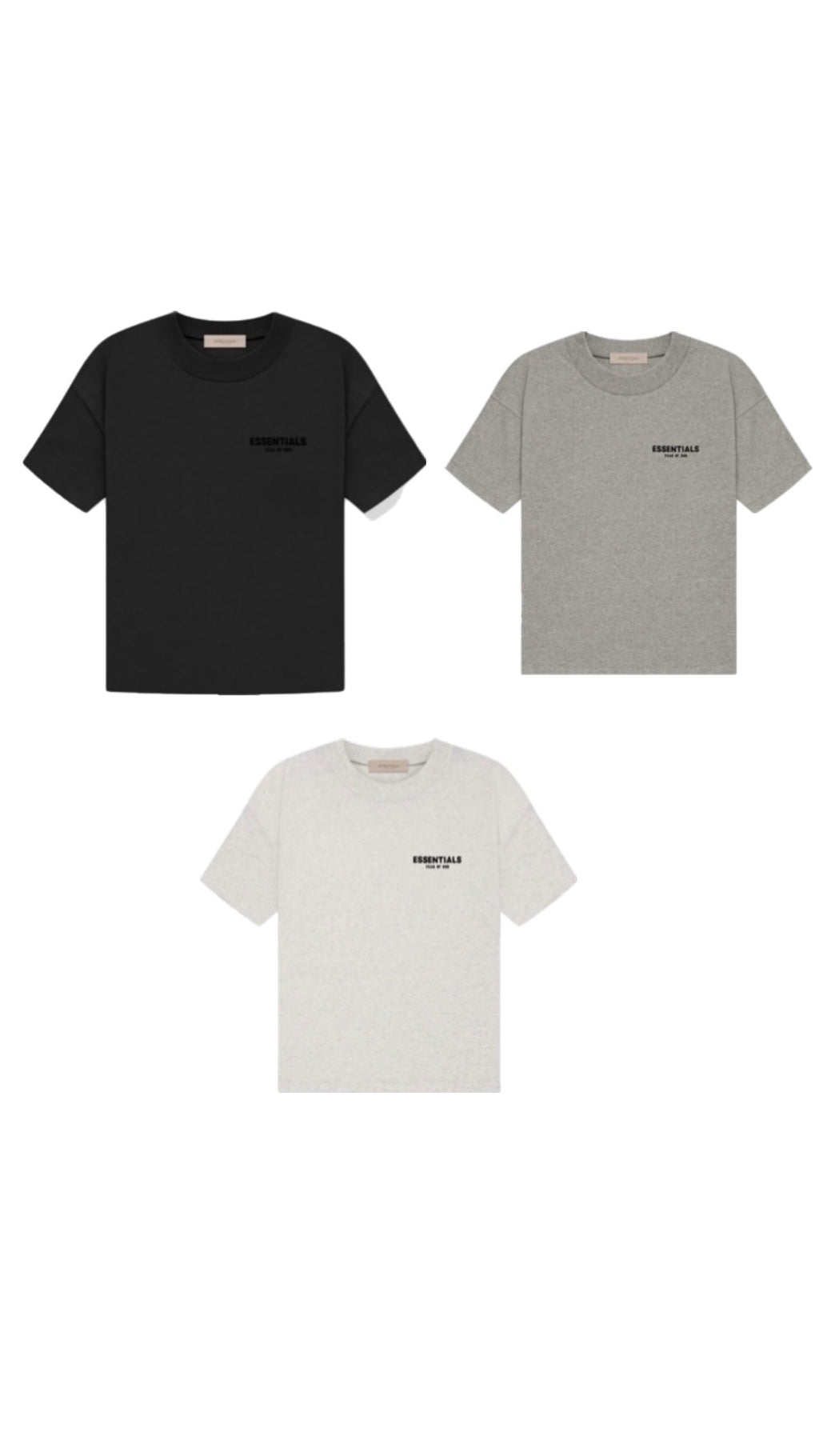 Three t-shirts in black, gray, and white on a white background