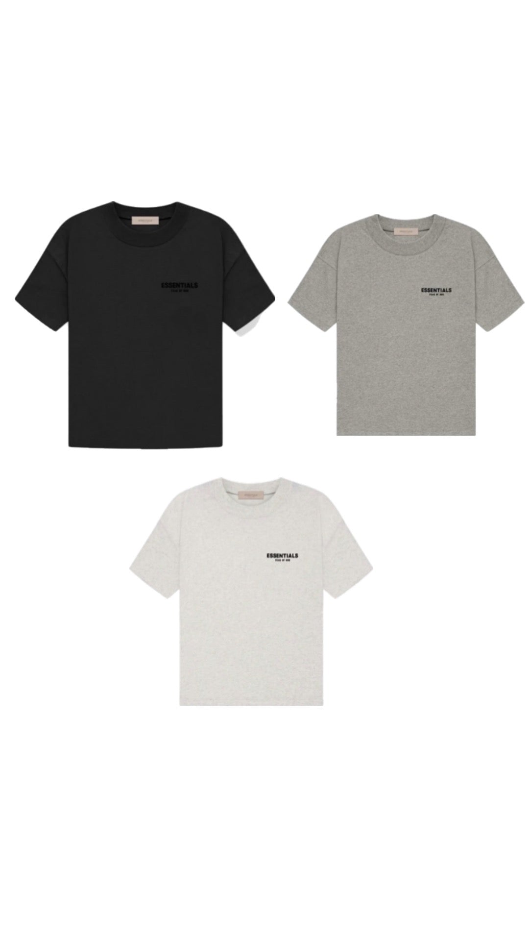 Three t-shirts in black, gray, and white on a white background