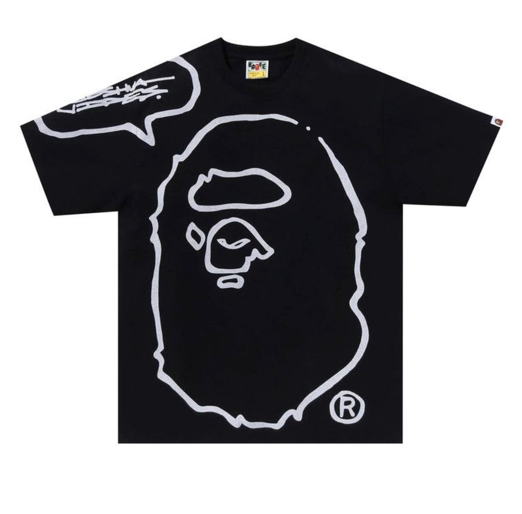 Black t-shirt with white graphic design on a white background