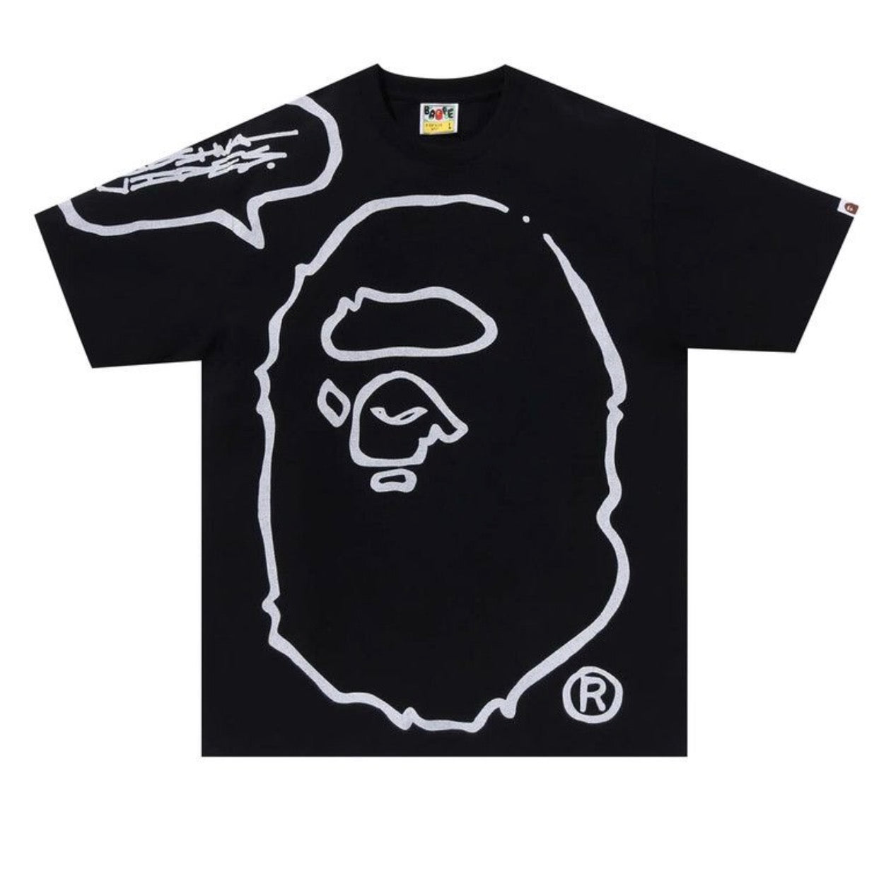 Black t-shirt with white graphic design on a white background