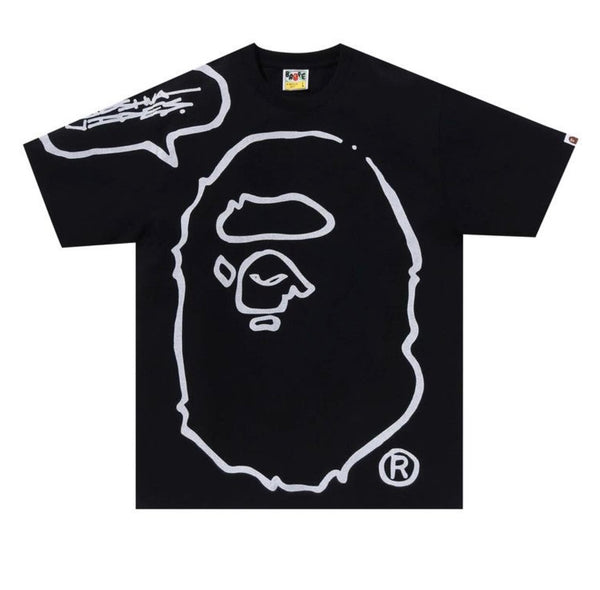 Black t-shirt with white graphic design on a white background